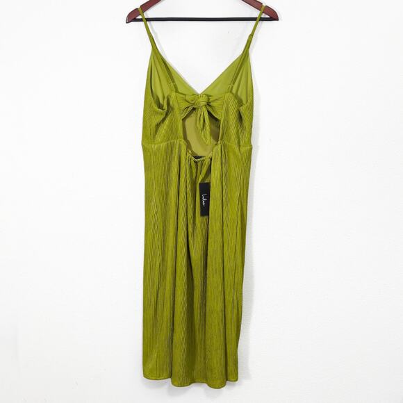 Lulus Dress Garden Glam Olive Green Pleated Midi Satin Sheen Tie Back Size L - Picture 2 of 10